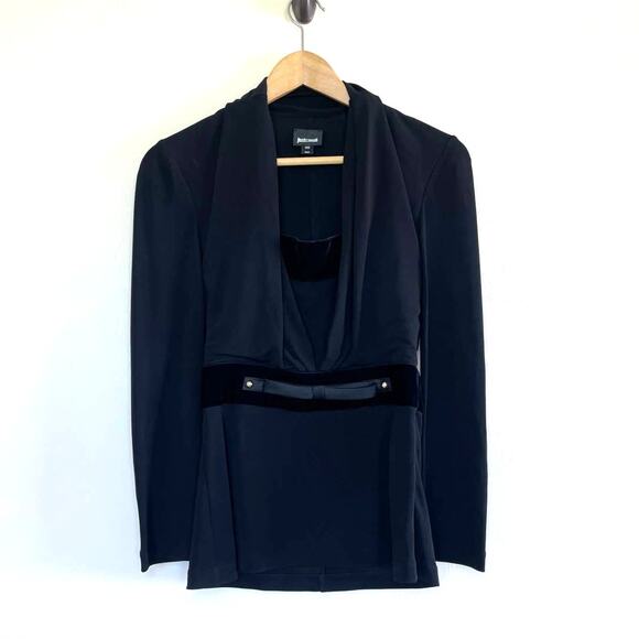 JUST CAVALLI black viscose velvet bow front cutout tuxedo shirt top - Picture 1 of 9